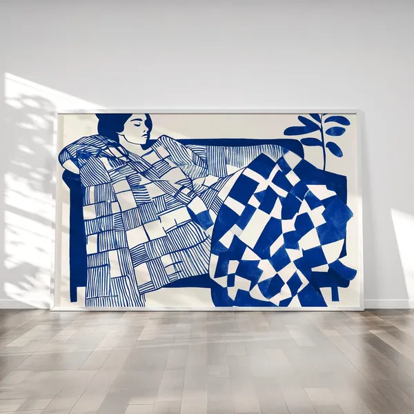 Electric Blue Abstract Modern Woman Relaxing On Sofa Art Print