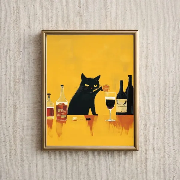 Black Cat Bartender, Whimsical Cat Art Print