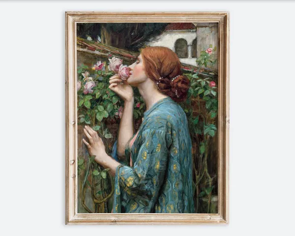 Vintage Girl In Blue With Roses Art Print