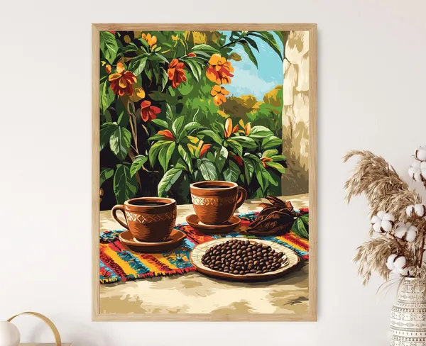 Honduran Coffee Art Print, Clay Cups and Woven Runner