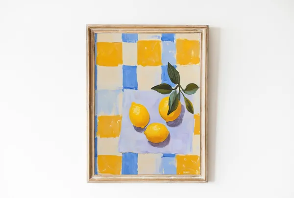Trendy Lemons Checkerboard Print, Kitchen Art Print