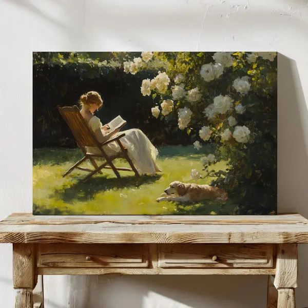 Vintage Garden Reading, Cottagecore Floral Art Print