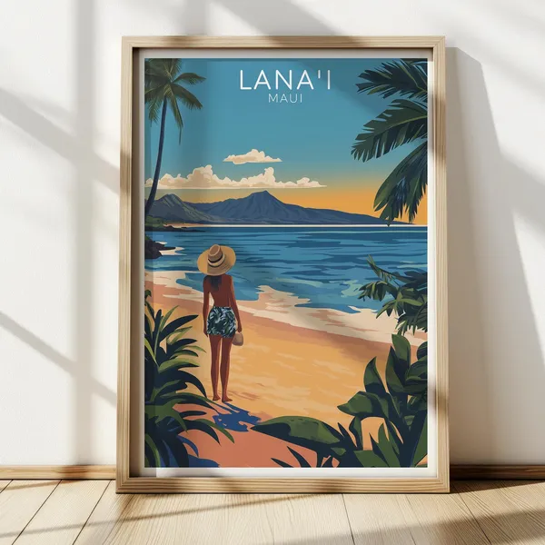 Lanai Maui Hawaii Travel Poster, Tropical Beach Sunset