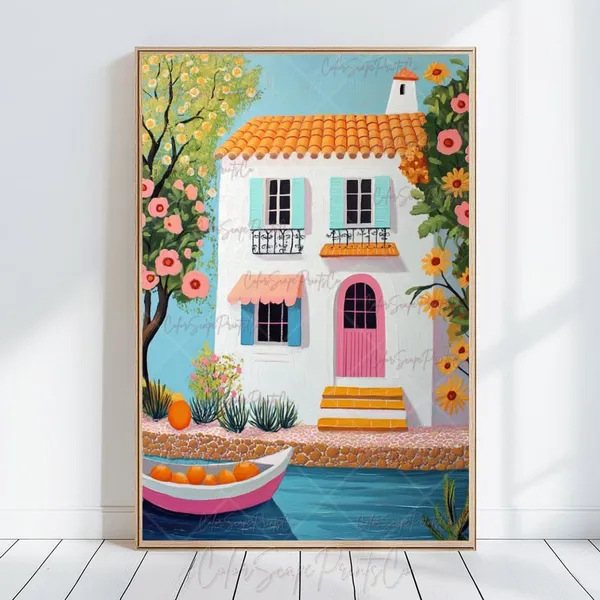 Mediterranean Village Print, Whimsical Coastal Wall Art