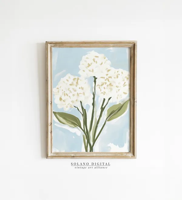 White Hydrangea Floral Art Print, Modern Botanical Decor