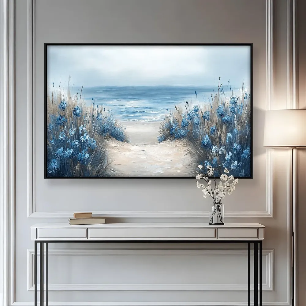 Coastal Path Art Print, Blue Floral Beach Landscape