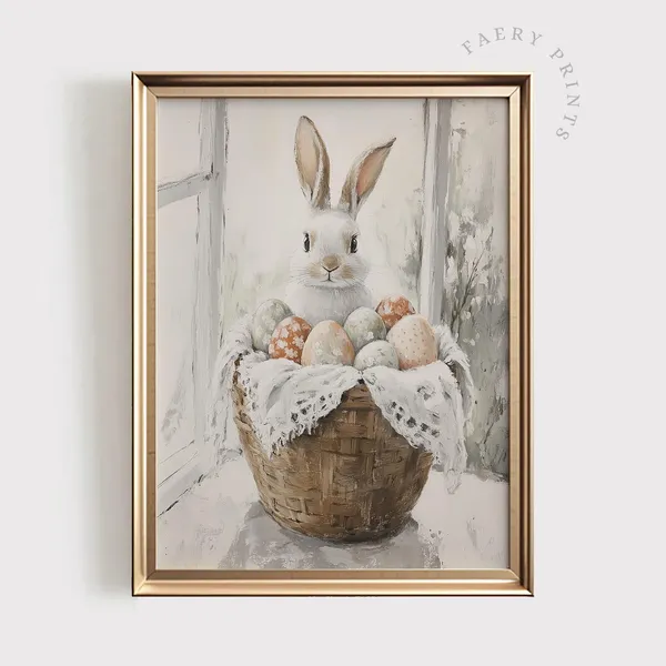 Easter Bunny Art Print, Vintage Farmhouse Decor