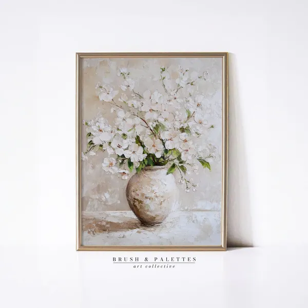 White Blossoms in Antique Vase, Vintage Still Life Art Print