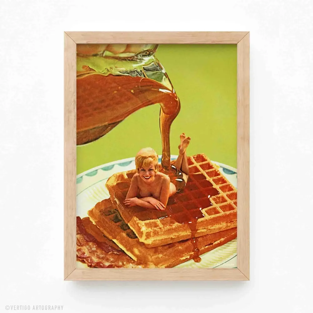 Retro Pinup Waffle Syrup Art Print, Funny Kitchen Decor