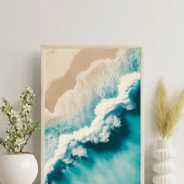 Turquoise Aerial Beach Print, Coastal Boho Decor