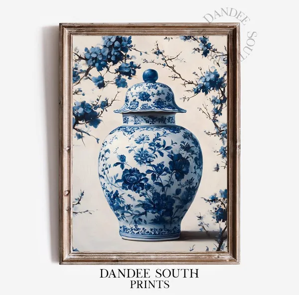 Blue Chinoiserie Ginger Jar Art Print, Vintage Floral