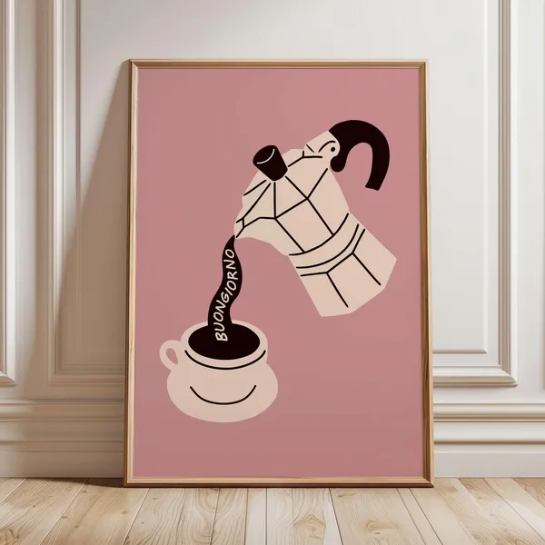 Buongiorno Moka Pot Coffee Poster, Retro Italian Kitchen