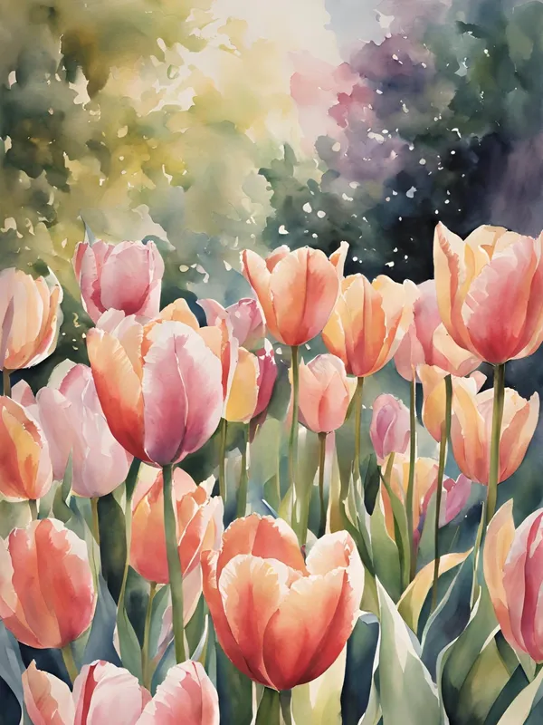 Tulip Meadow Watercolor Landscape Art Print