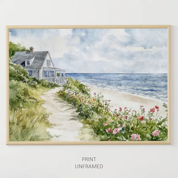 Cape Cod Watercolor Art Print, Seaside Wildflowers