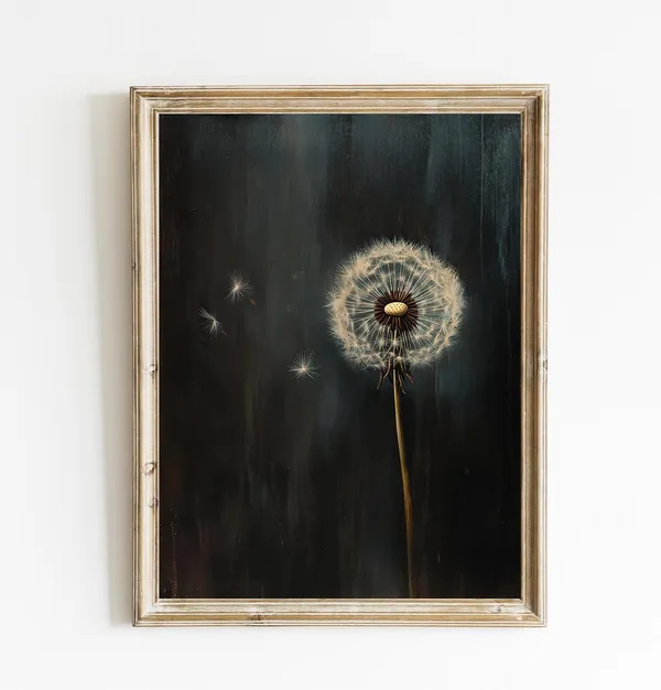 Dandelion Painting Vintage Print, Dark Botanical Decor