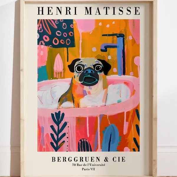 Pug In A Bathtub Matisse-Inspired Bathroom Art Print