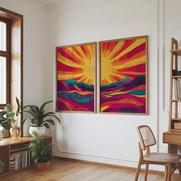 Vibrant Sunset Mountains Retro Boho Art Print