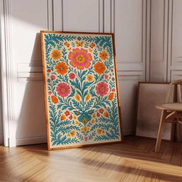 Folk Art Floral Print, Colorful Scandinavian Poster