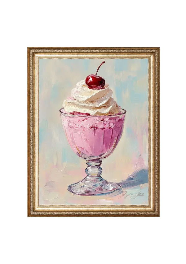 Cherry Sundae Dessert Still Life, Vintage Oil Painting