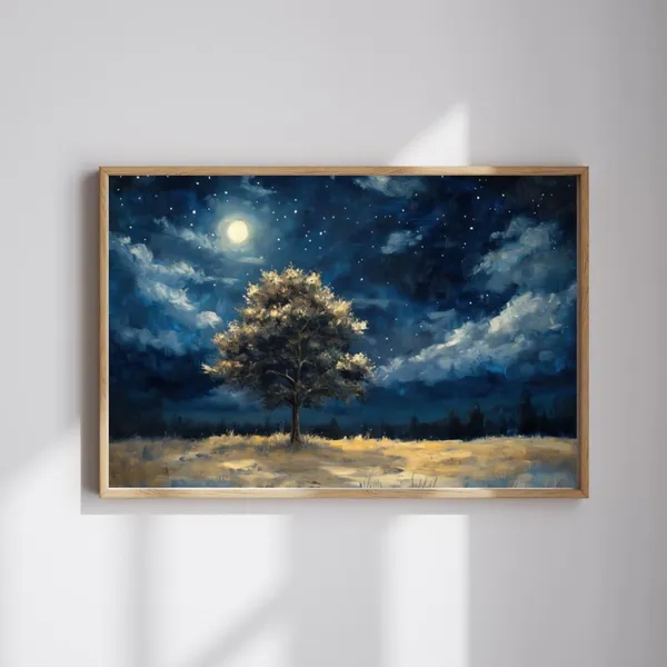 Midnight Tree Oil Painting, Starry Night Art Print