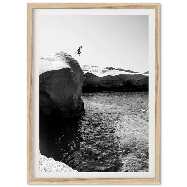Black and White Ocean Cliff Jump Art Print