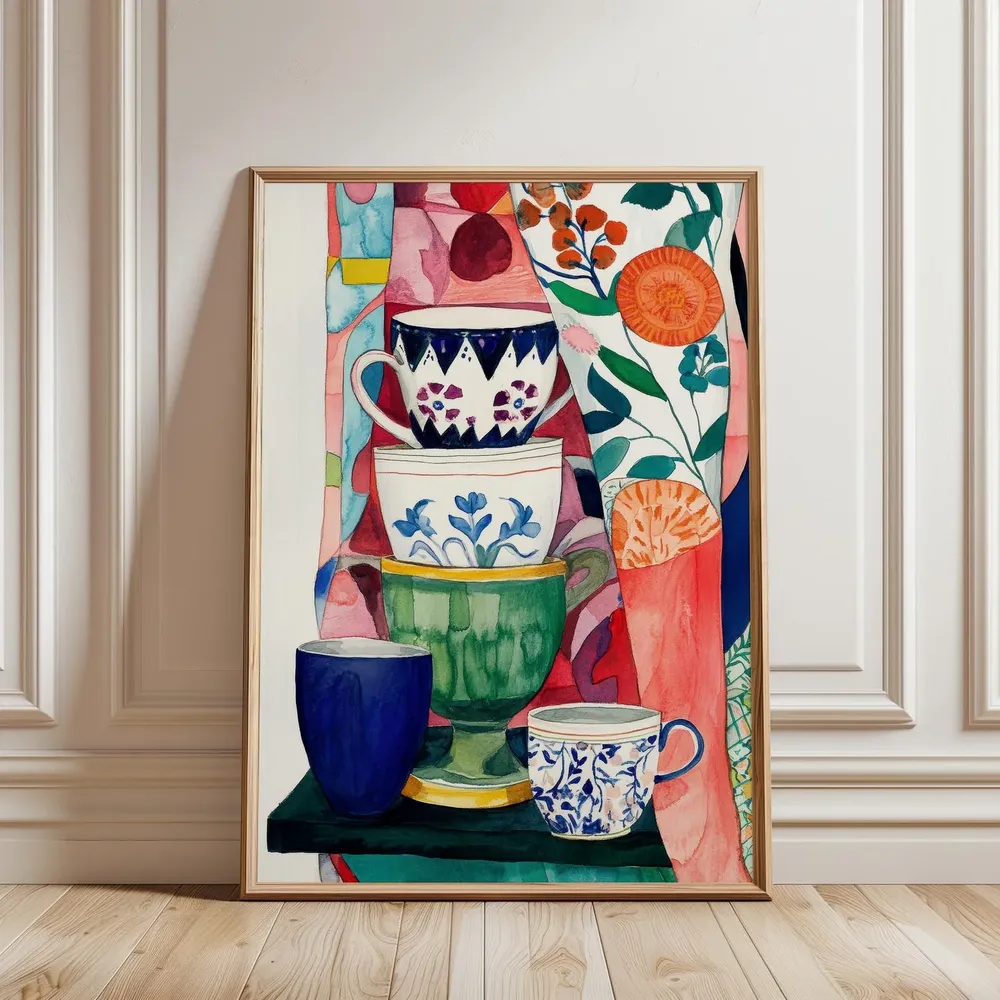 Stacked Teacups Illustration, Kitchen Art Print