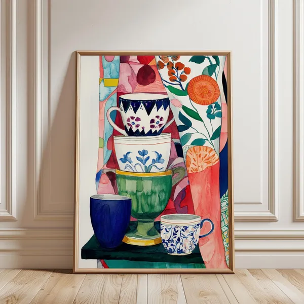 Stacked Teacups Illustration, Kitchen Art Print