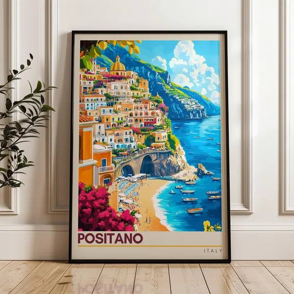 Positano Travel Poster, Amalfi Coast Italy Art Print