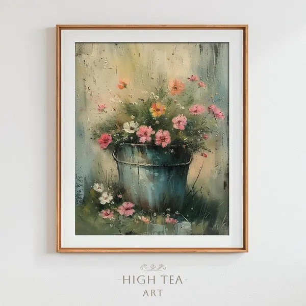 Vintage Flowers Bucket Art Print, Rustic Farmhouse Botanical