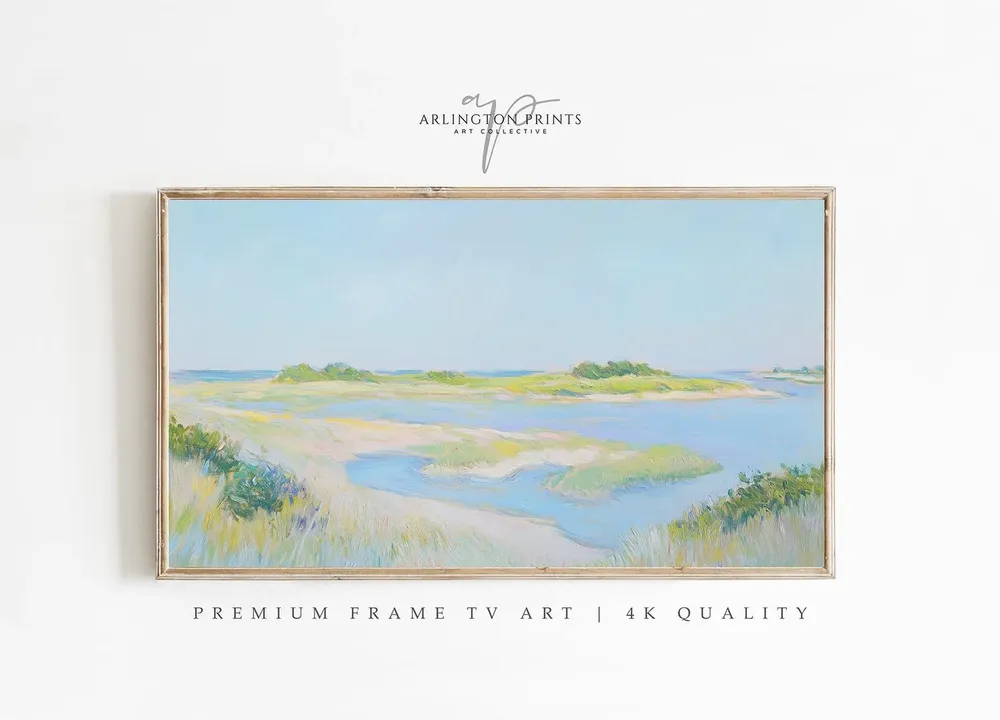 Summer River Landscape Painting, Coastal Pastel Art Print
