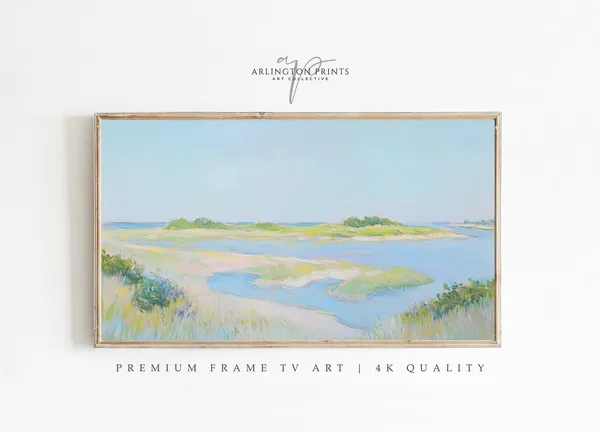 Summer River Landscape Painting, Coastal Pastel Art Print