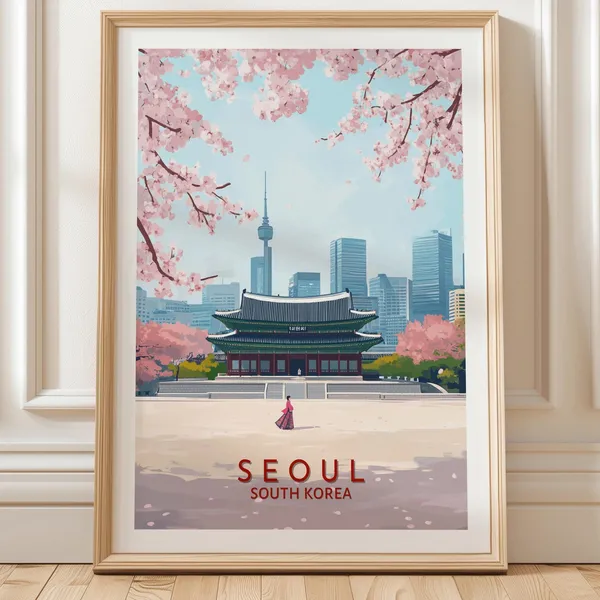 Seoul South Korea Travel Poster, Spring Cityscape