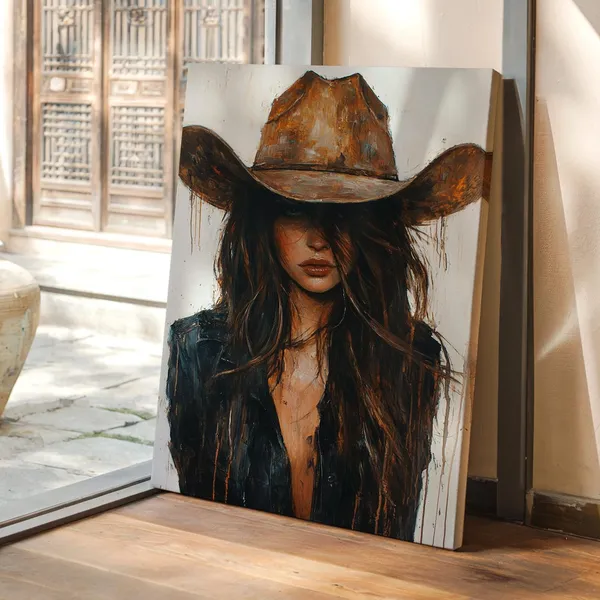 Cowgirl in Brown Hat, Rustic Farmhouse Wall Art Print