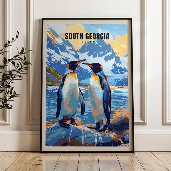 South Georgia Island Travel Poster, Penguin Art Print