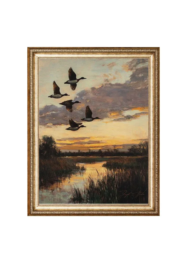 Flying Ducks Over Sunset, Vintage Wildlife Art Print