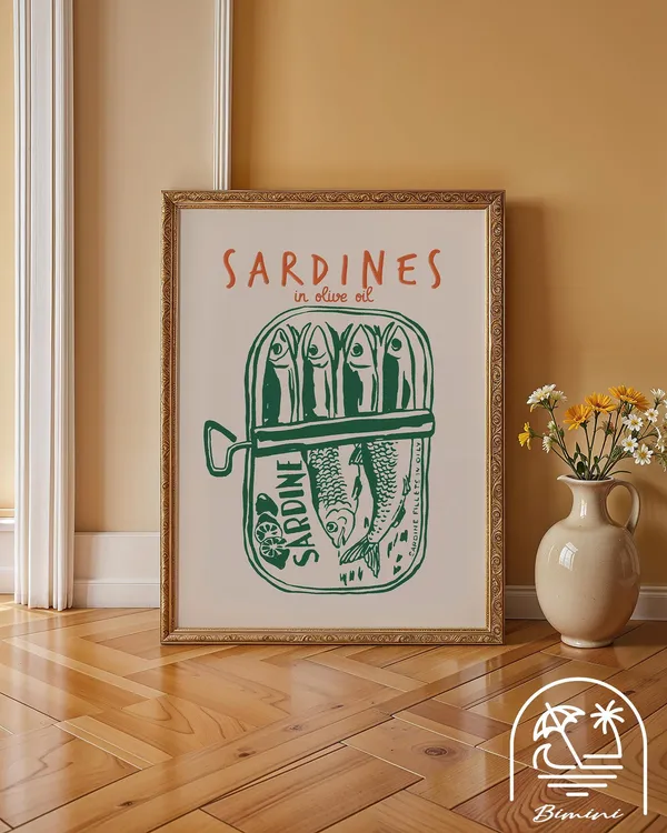 Green Sardine Tin Print, Vintage Kitchen Wall Art
