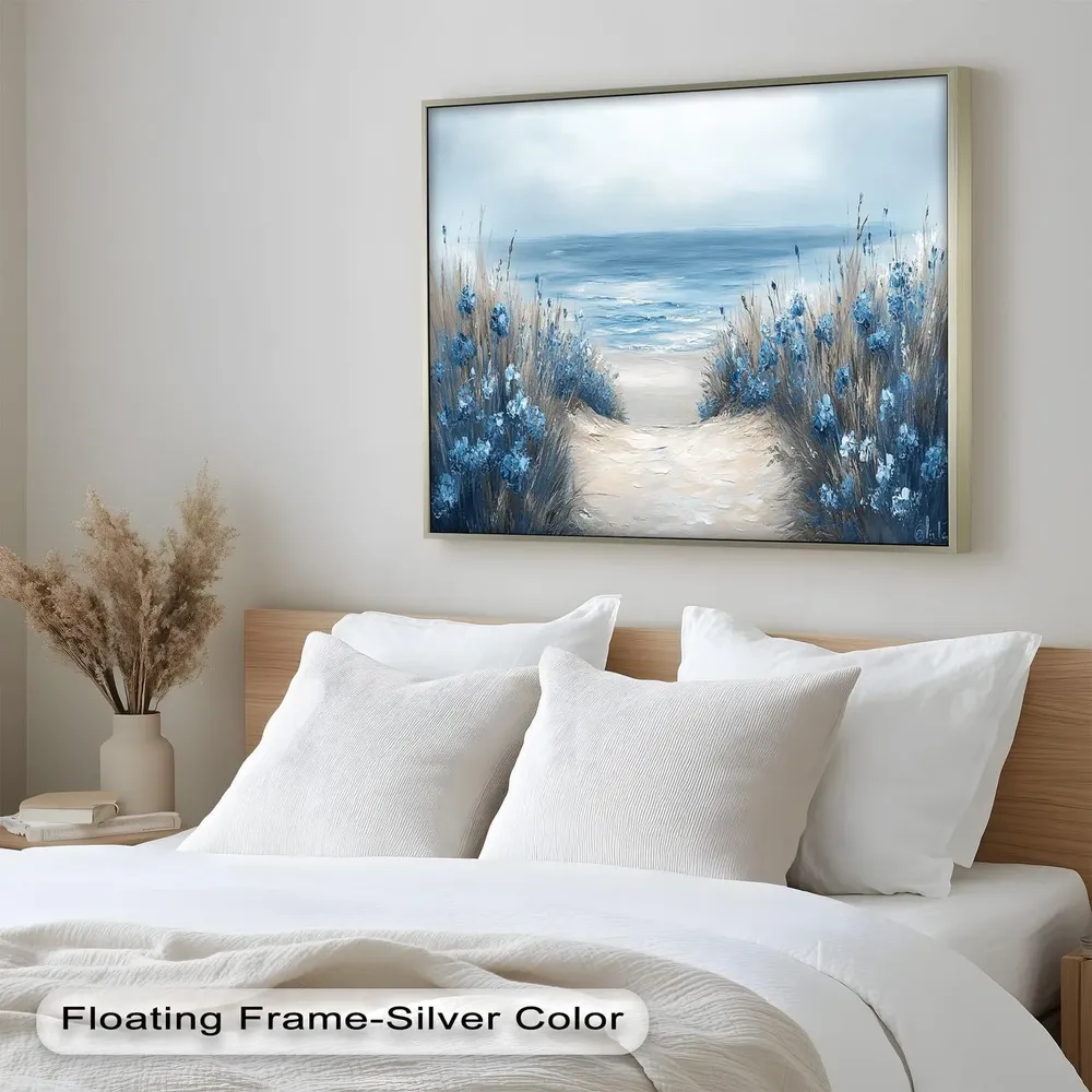 Coastal Path Art Print, Blue Floral Beach Landscape - Image 4