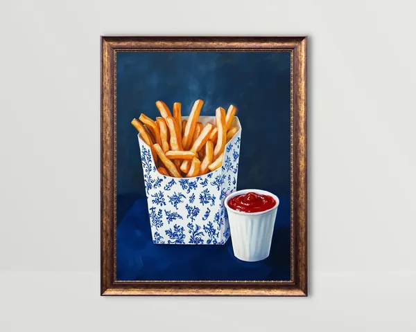 French Fries, Trendy Blue Retro Kitchen Art Print