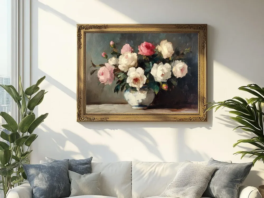 Pink and White Roses in a Vase, Cottagecore Oil Print - Image 2