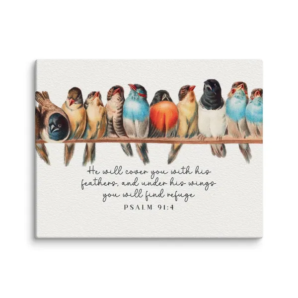 Psalm 91:4 Vintage Birds Scripture Art Print
