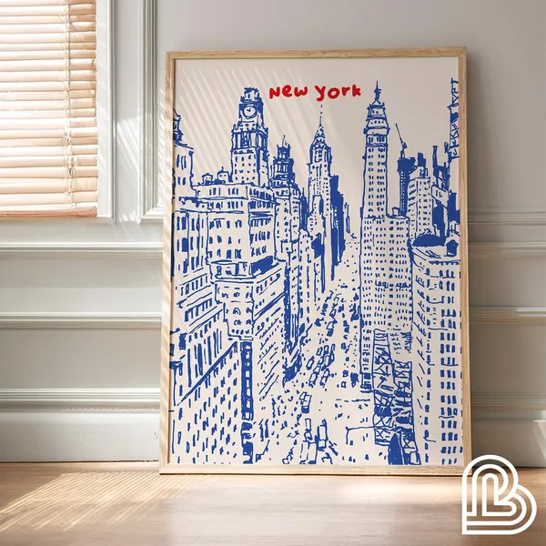 New York City Travel Print Poster, Hand-Drawn Skyline