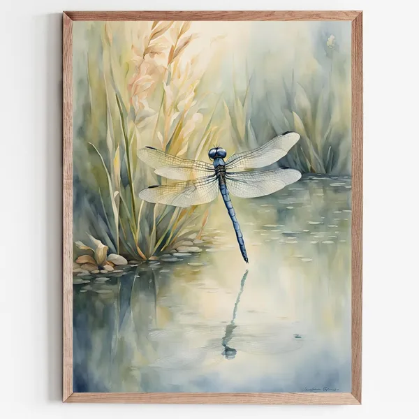 Dragonfly Watercolor Art Print, Neutral Floral Landscape