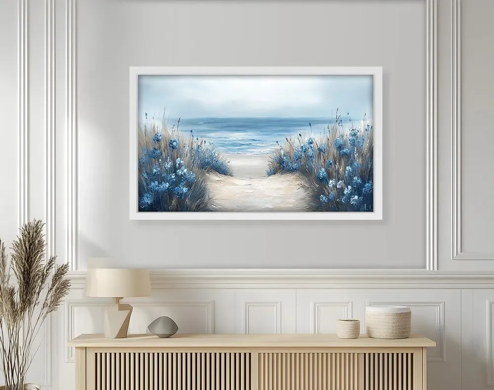 Coastal Path Art Print, Blue Floral Beach Landscape - Image 2