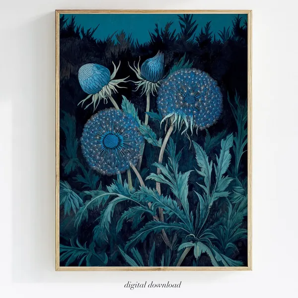 Blue Dandelions Vintage Floral Art Print