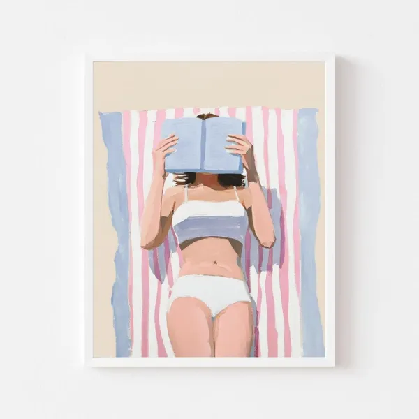 Woman Reading on a Beach Towel, Coastal Art Print