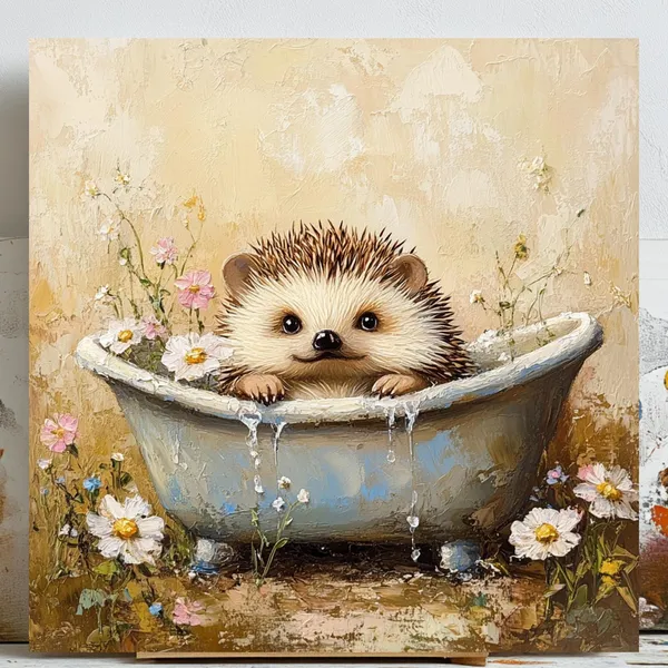 Hedgehog In Bathtub, Cute Animal Bathroom Decor