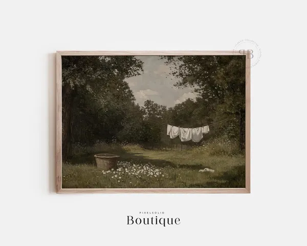 Farmhouse Laundry Line Art Print, Rustic Meadow Scene