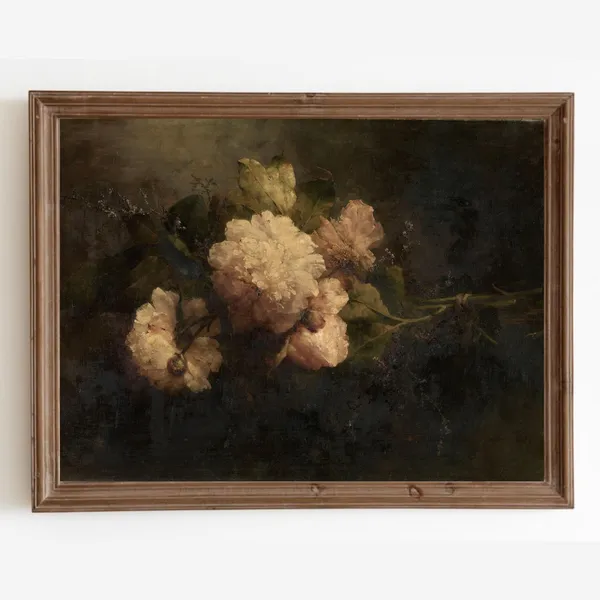 Vintage Peonies Still Life, Dark Academia Art Print