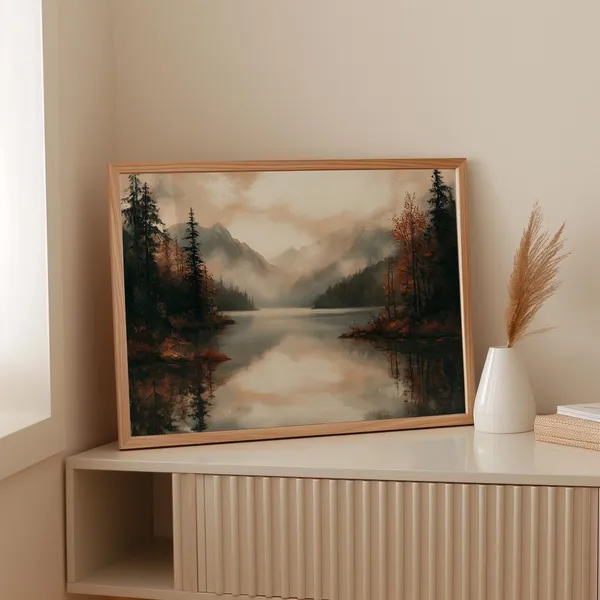 Moody Mountain Lake Art Print, Rustic Landscape