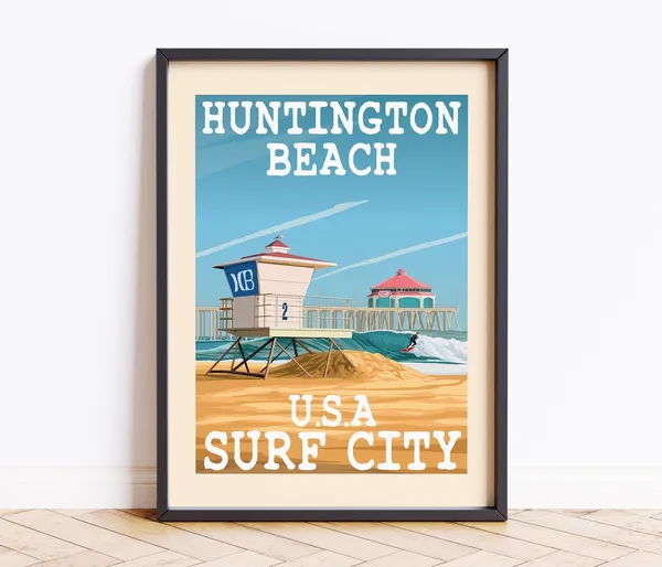Huntington Beach Travel Poster, Pier Postcard Art Print